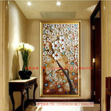 手绘油画装饰画玄关竖版走廊过道挂画欧式无框画抽象发财树幸福树