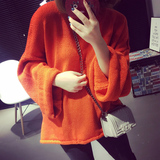 2015秋季新品宽松显瘦橘色喇叭袖套头针织毛衣韩版休闲上衣女学生