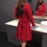 2016春装新款韩版纯色后背流苏中长款麂皮绒风衣系带长外套女气质