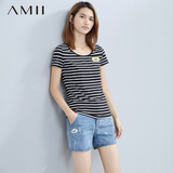 Amii黑白条纹t恤女 短袖修身显瘦韩版百搭 薄款2016新款圆领蓝白