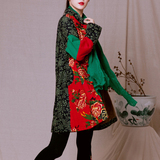 2016新款民族风女装秋冬装中式复古印花拼接中长款棉袄中国风棉衣