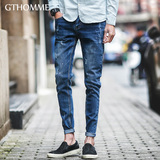 gthomme2016春季新款男士刮痕牛仔裤青年修身韩版小脚显瘦裤子男