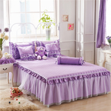 纯棉床裙床罩1.8米纯色全棉单件床群秋冬加厚韩式公主蕾丝枕套紫