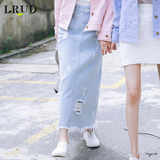 LRUD2016秋季新款韩版高腰破洞牛仔半身裙女修身毛边长裙牛仔裙