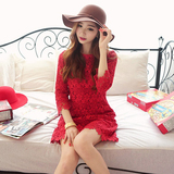 MMJ女神范 2016春季新款韩版女装 七分袖蕾丝连衣裙修身红裙子