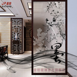 时尚装饰客厅现代中式艺术玻璃水墨画屏风隔断透明墙透光花鸟工艺