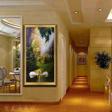 天鹅湖竖版油画欧式山水风景手绘别墅客厅玄关过道走廊装饰画壁画