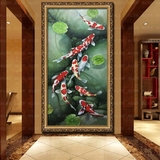 油画过道玄关走廊九鱼图风水纯手绘欧式竖版中式现代挂画餐厅装饰