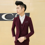 2016韩版男装加大码商务西服套装 秋冬纯色修身英伦西装三件套装