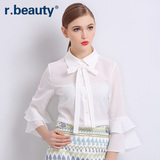 r．beauty夏新款女装系带雪纺蝴蝶结上衣喇叭袖白衬衫r16A8285