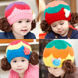 韩版女童女宝宝女婴幼儿秋冬季假发帽子套头帽毛线帽0-1-2-3-4岁