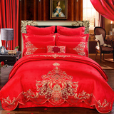 高档大红纯棉刺绣床上四件套婚庆6八 九 十件套结婚床上用品1.8m