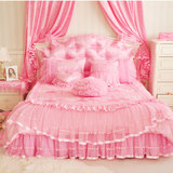 新款 韩式4四件套纯棉提花婚庆蕾丝床裙床罩被套公主花边床上用品