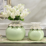 欧式陶瓷薄荷绿花瓶插花器客厅电视柜家居装饰品镂空摆件结婚礼物