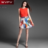WVFV2016夏季新款钉珠圆领橘色镂空上衣水彩印花短裙两件套套装裙