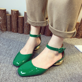 春季新款绿色单鞋 漆皮方头浅口粗跟中空一字扣金属中跟复古女鞋
