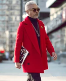 定制大红色中长款羊绒毛大衣西瓜红潮男士双排扣短款冬装茧型外套