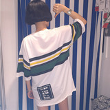 夏季韩国ulzzang原宿风中长款拼色条纹宽松短袖T恤女学生韩版上衣