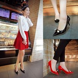 2016春季韩版珍珠尖头中跟单鞋细跟漆皮矮跟女鞋低跟浅口鞋高跟鞋