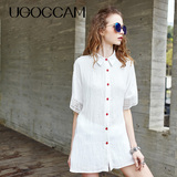 UGOCCAM 2016夏季新品女装 纯色镂空宽松气质百搭中长款衬衫