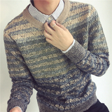 欧美潮流圆领套头麻花线衫针织衫男士英伦学院风修身毛衣2015新款