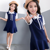韩国代购儿童裙子女大童夏装2016新款童装条纹短袖 女童连衣裙