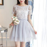 2016新款夏季女装连衣裙韩版时尚短袖修身显瘦中长款蕾丝网纱裙潮