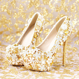 2015新款金色水钻花朵新娘鞋超高跟细跟敬酒照鞋板鞋植物花卉宴会