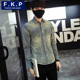 F．K．P春款日系复古长袖牛仔衬衫男士青年修身休闲衬衣外套潮男