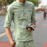 2016夏季新款 中国风亚麻棉麻衬衫男装韩版加大码七分袖纯色衬衣