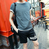 夏季纯色日系短袖t恤男士修身大码圆领复古半袖上衣服韩版潮男装