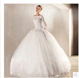 2015最新款长袖蕾丝时尚复古一字肩婚纱齐地公主蓬蓬修身婚纱礼服