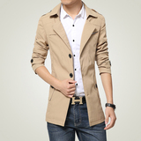 2016春季新款薄款中长款风衣外套 韩版修身青年纯色男装英伦大衣