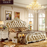 圣琪欧式珠光白闪金描玫瑰金真皮实木次卧床1.5米儿童房小户型床