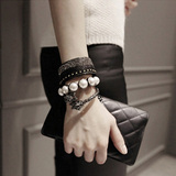 韩国新款女夏季复古手镯夸张欧美风大珍珠开口宽手镯个性配饰手链