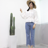 2016秋装新款韩版白色女式灯笼袖镂空碎花长袖衬衫收腰上衣