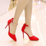 2016春季新款女鞋时尚简约性感单鞋女红色高跟鞋细跟尖头磨砂皮鞋