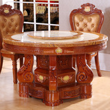 大理石餐桌 实木圆形餐桌椅组合高档饭桌 双层可旋转圆桌包送装