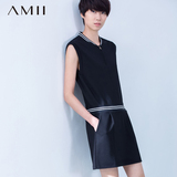#Amii[极简主义]2016夏运动棒球立领条纹拼接大码连衣裙11670367