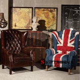 特价法式美式新古典实木沙发椅 真皮意大利进口油蜡皮会所单人椅