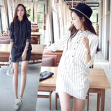 新款时尚韩版白衬衫女装长袖竖条纹学生中长款衬衫裙打底连衣裙夏