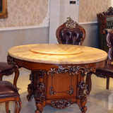 欧式餐桌椅组合6人 美式圆形桌全实木雕花 进口红龙玉石面带转盘