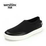 Westlink西遇男鞋春款新款时尚潮真牛皮布拼接套脚男乐福鞋板鞋