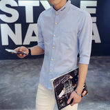 夏季日系男士亚麻中袖衬衣男韩版修身衬衫青年棉麻圆领七分袖衬衫