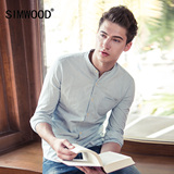 Simwood男装 男士秋装新款欧美条纹牛仔衬衣立领修身纯棉长袖衬衫