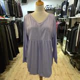 日单外贸紫色宽松V领纯色中长款长袖T恤 小衫 爽滑面料 女装大码