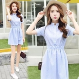 韩版女夏季甜美学生修身显瘦短裙小清新衬衫式连衣裙