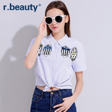 r．beauty夏新款大码休闲女韩版海军风条纹印花短袖衬衫r16B8364