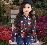 韩国童装女童2014秋冬装新韩版加绒时尚小熊翻领长袖衬衣儿童衬衫