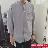 夏季立领7分袖衬衣中国风青少年亚麻日系修身棉麻男士七分袖衬衫